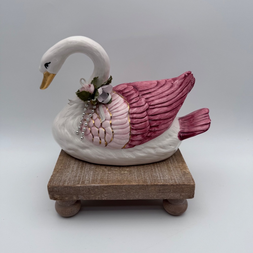 Vintage Ceramic Swan Figurine Pink White Gold Trim Floral Ribbon Accent Decor